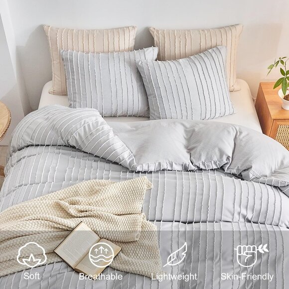 Boho Duvet Cover Striped Textured Duvet Cover Set Tufted Bedding Set  Lightgrey - Picture 3 of 7